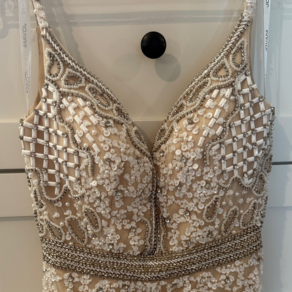 Jovani Cream Beaded Feather Mini Dress - Picture 4 of 9